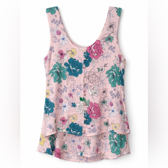 willow root Tops - Willow Root Pink Floral Button Front Peplum Tank Scoop Neck Sleeveless Boho Top